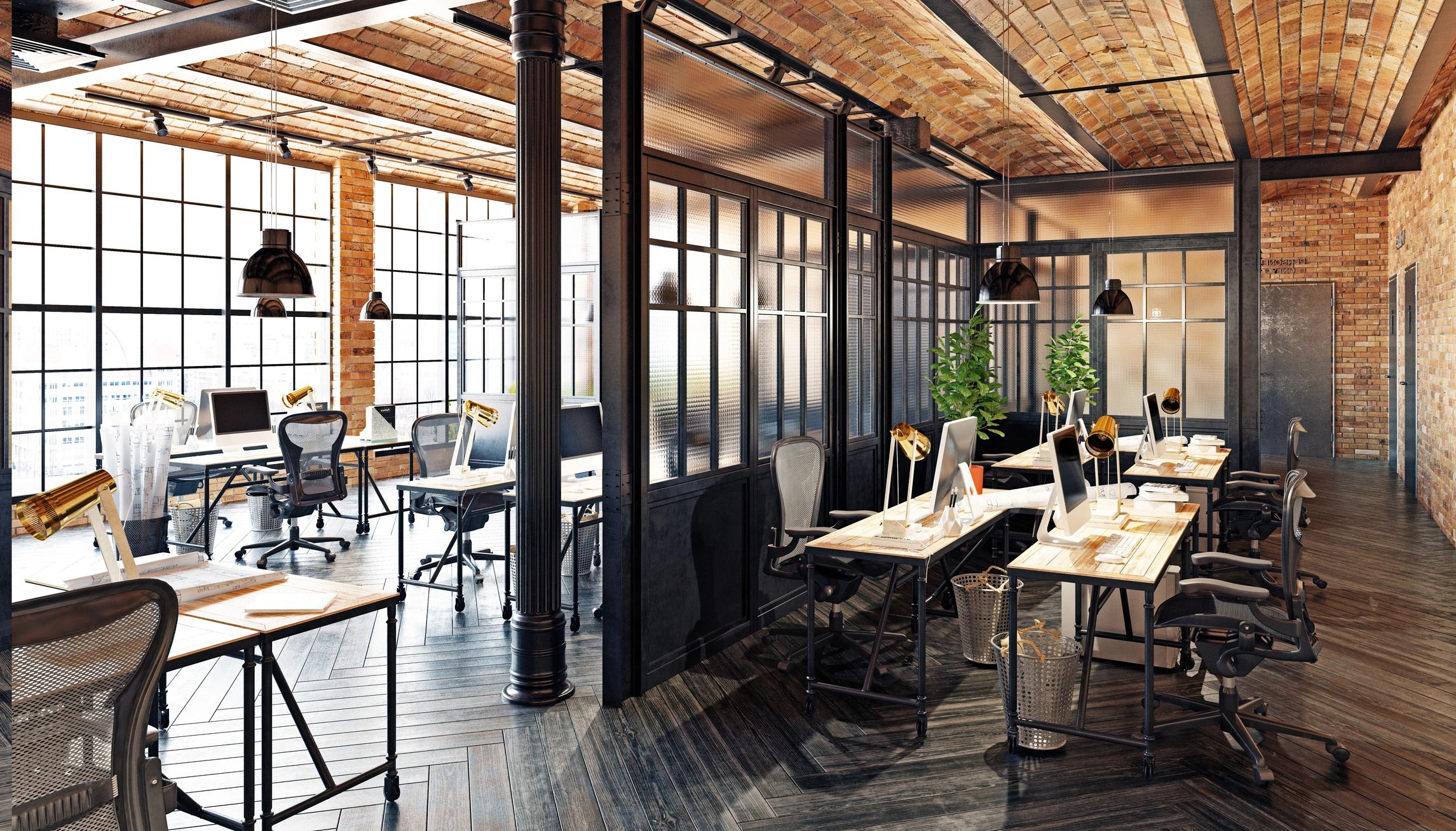 Elegant creative workspace with desks and warm lighting